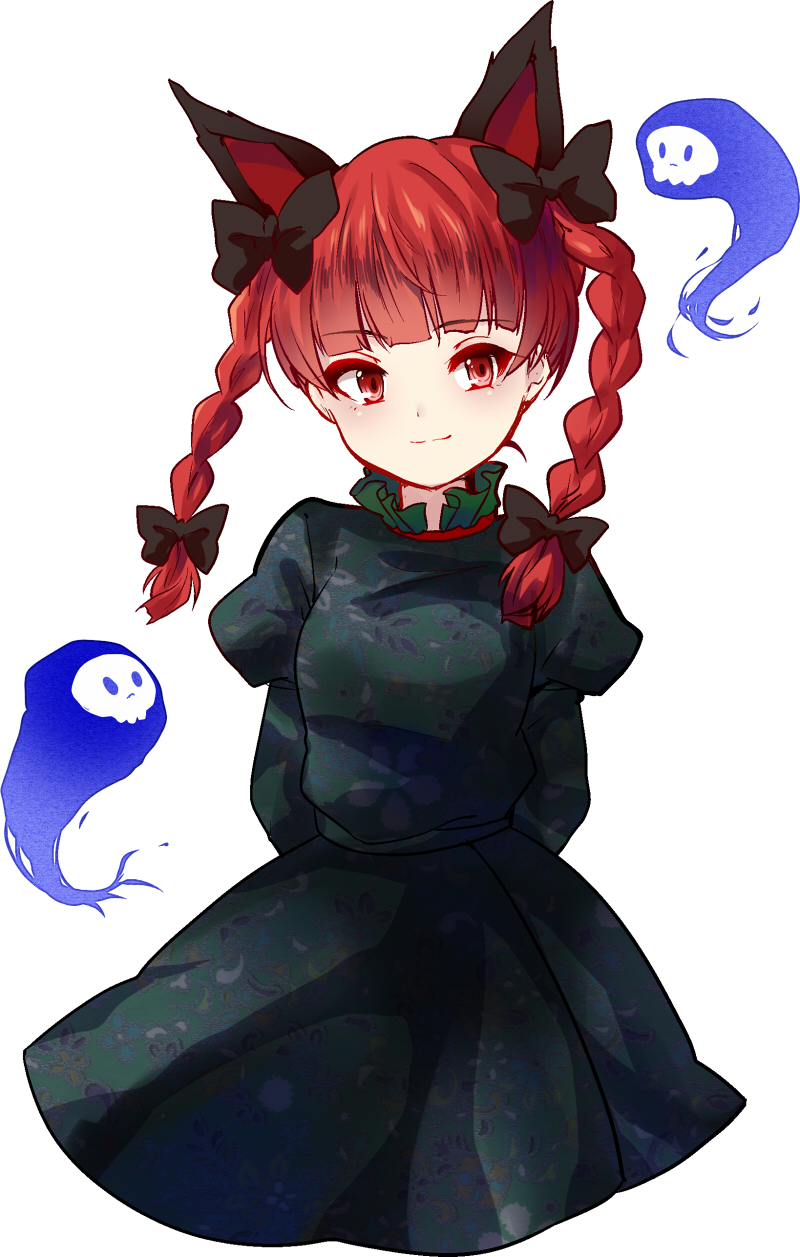 1girl, animal_ears, arms_behind_back, bow, braid, cat_ears, dress, extra_ears