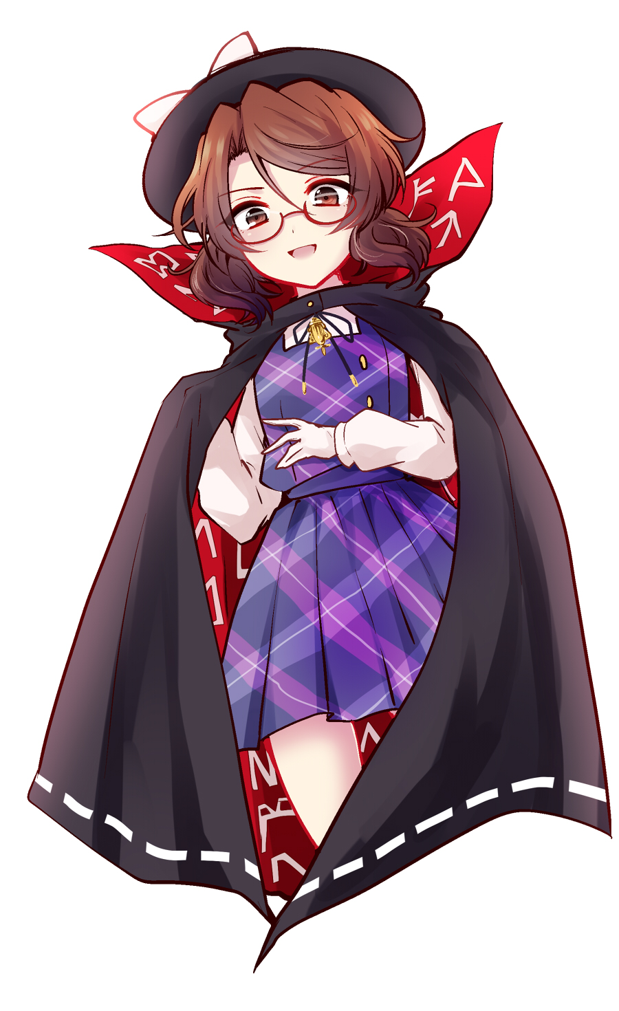 1girl, bow, brown_eyes, brown_hair, cape, glasses, gloves, hat