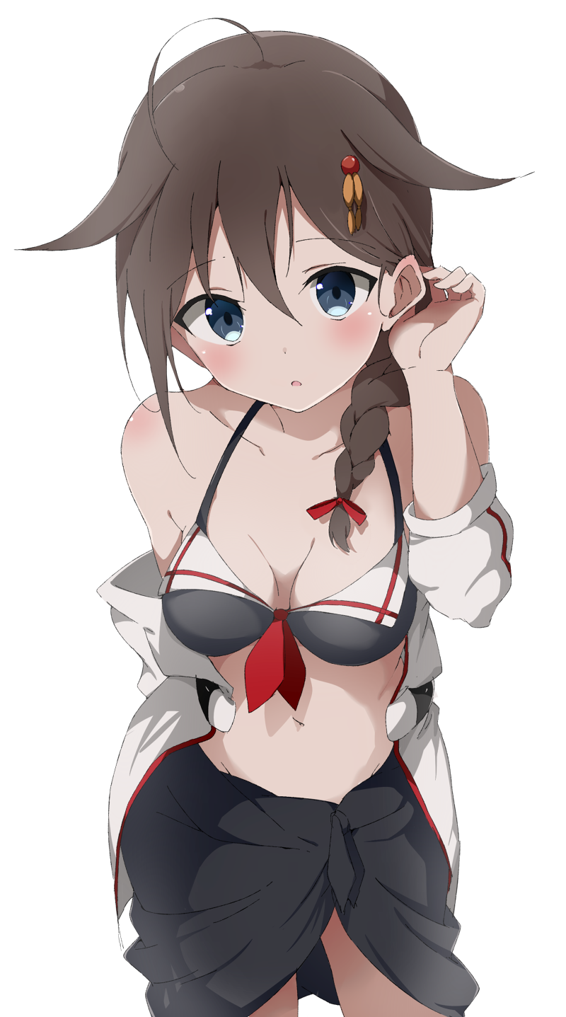 1girl, adapted_costume, adjusting_hair, ahoge, bikini, black_hair, blue_eyes, braid