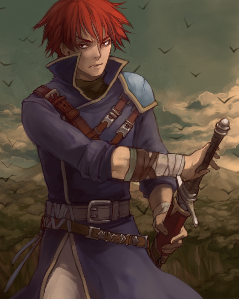 1boy, bonjour, fire_emblem, fire_emblem:_rekka_no_ken, raven_(fire_emblem), red_eyes, redhead, solo, sword, weapon