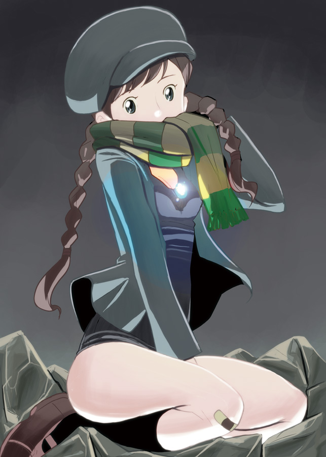 bandage, braid, brown_hair, cabbie_hat, ghibli, hat, hikouseki, masao, scarf, sheeta, solo, studio_ghibli, tenkuu_no_shiro_laputa, twin_braids, twintails