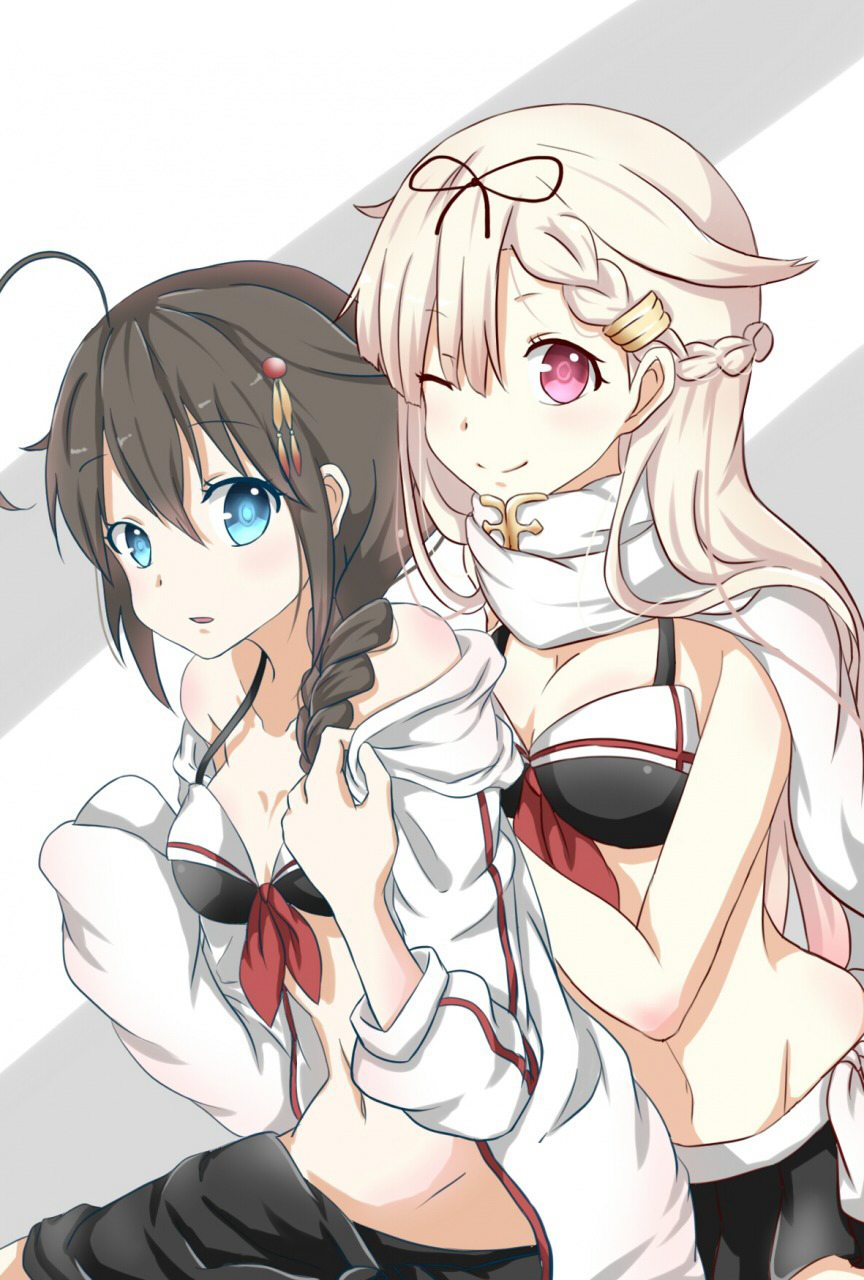 2girls, ahoge, bikini, bikini_skirt, black_bikini, braid, brown_hair, hair_flaps