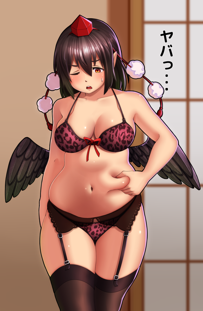 1girl, belly, belly_grab, black_hair, black_legwear, black_wings, blush, bra, breasts, dominico, garter_belt, hat, leopard_print, one_eye_closed, panties, plump, pointy_ears, red_eyes, shameimaru_aya, short_hair, solo, thigh-highs, tokin_hat, touhou, underwear, underwear_only, wings