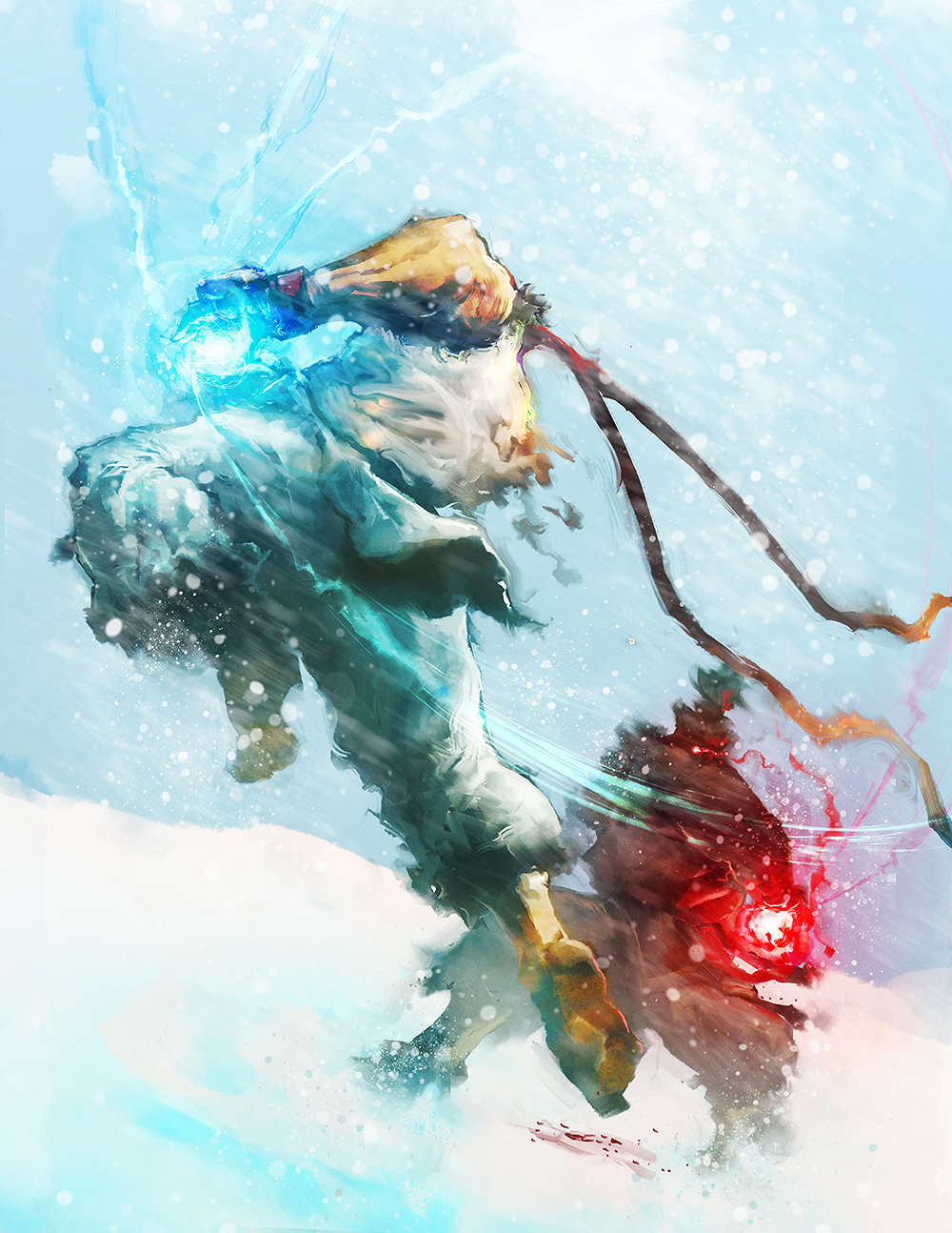 2boys, barefoot, battle, black_hair, cobaltplasma, dougi, glowing, glowing_eye, gouki, hadouken, highres, male_focus, multiple_boys, powering_up, red_eyes, ryuu_(street_fighter), snow, snowing, street_fighter