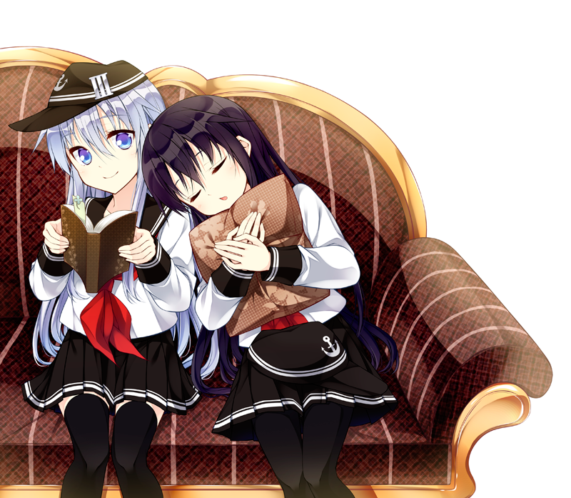 2girls, akatsuki_(kantai_collection), black_hair, blue_eyes, book, hat, hibiki_(kantai_collection), kantai_collection