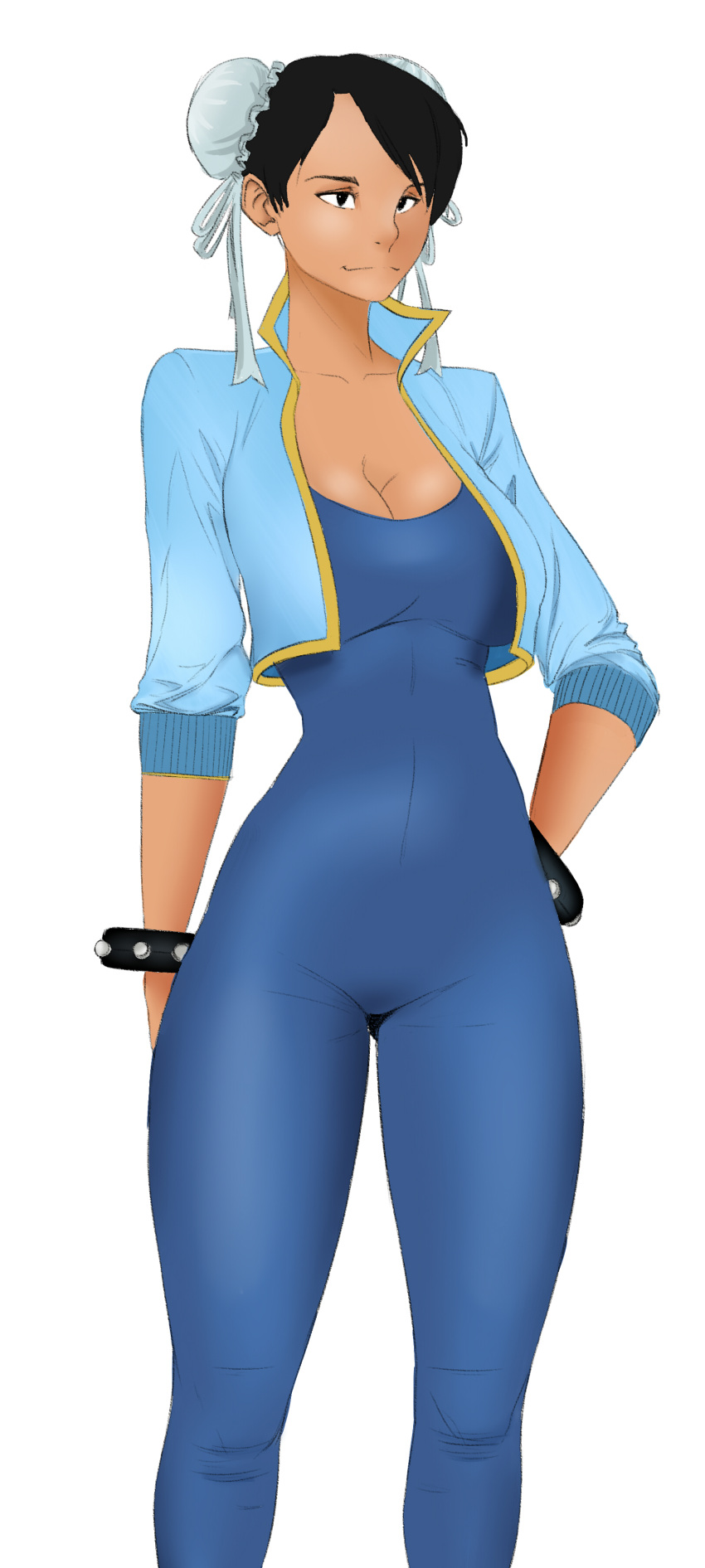 1girl, absurdres, adapted_costume, black_hair, bodysuit, boogy_(mnmnjuguna), breasts, bun_cover