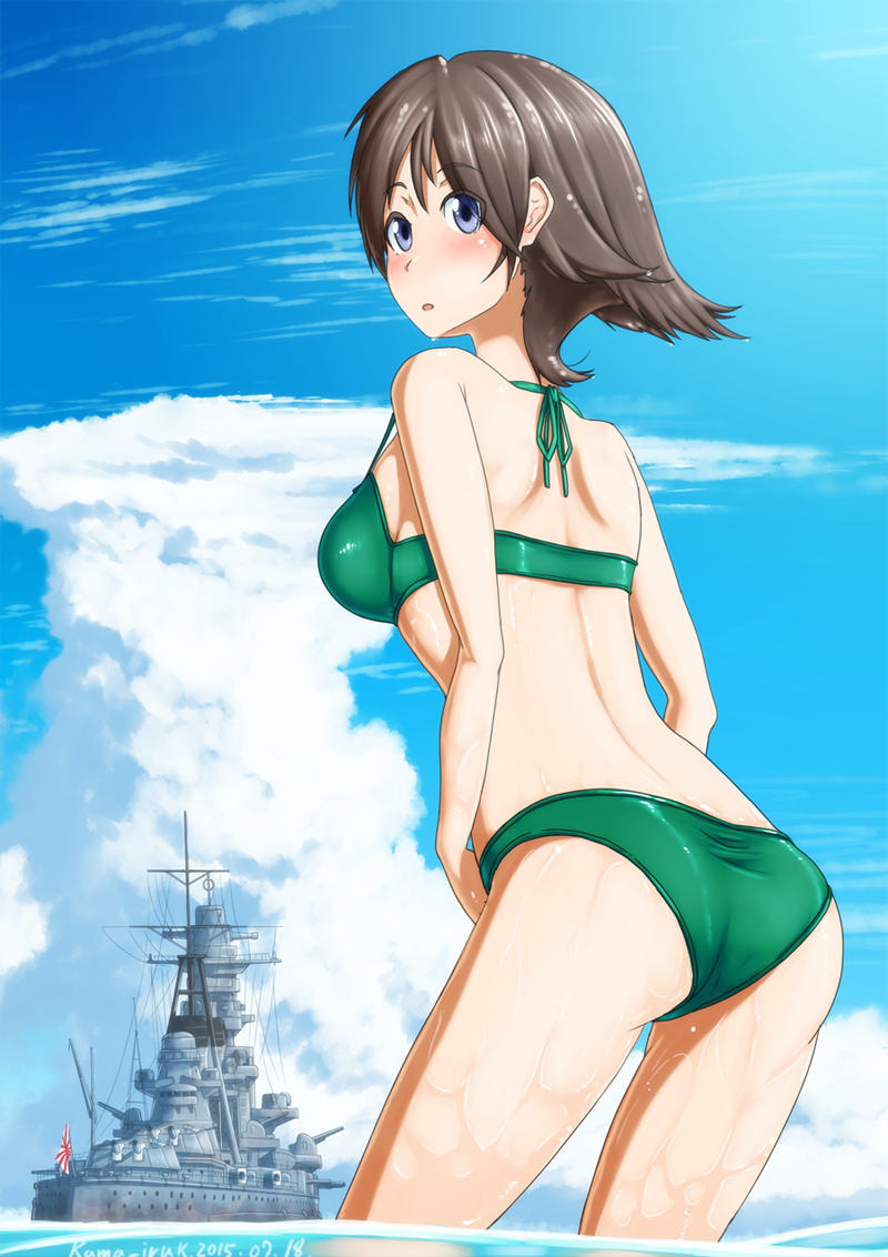 1girl, ass, bikini, blue_eyes, brown_hair, from_behind, green_bikini, hiei_(battleship)