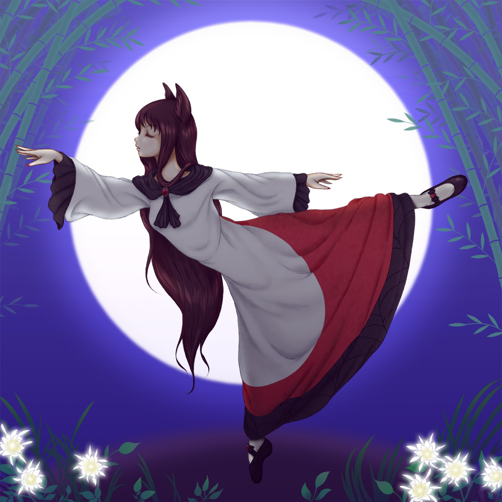 1girl, animal_ears, bamboo, brown_hair, closed_eyes, dress, frilled_sleeves, frills, full_body, full_moon, imaizumi_kagerou, kurage_(artist), long_hair, moon, touhou, wolf_ears