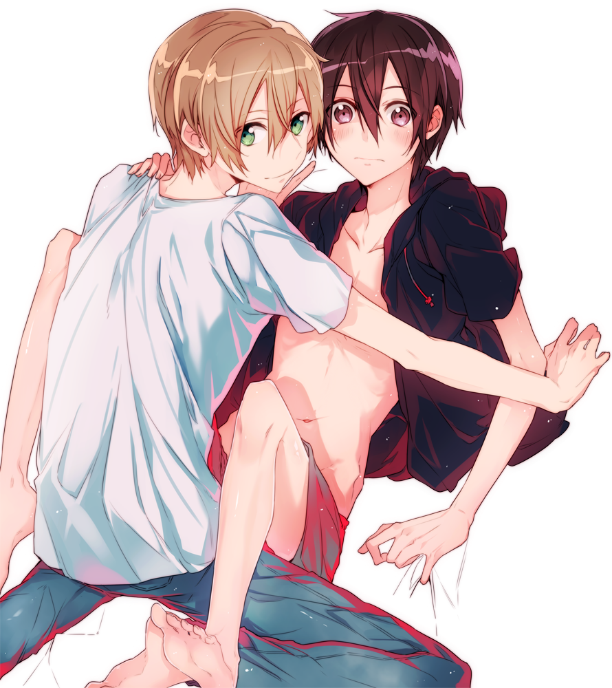 2boys, black_eyes, black_hair, blonde_hair, casual, denim, eugeo, green_eyes, jacket, jeans, jianmo_sl, kirito, long_hair, male_focus, multiple_boys, pants, short_hair, sword_art_online, yaoi