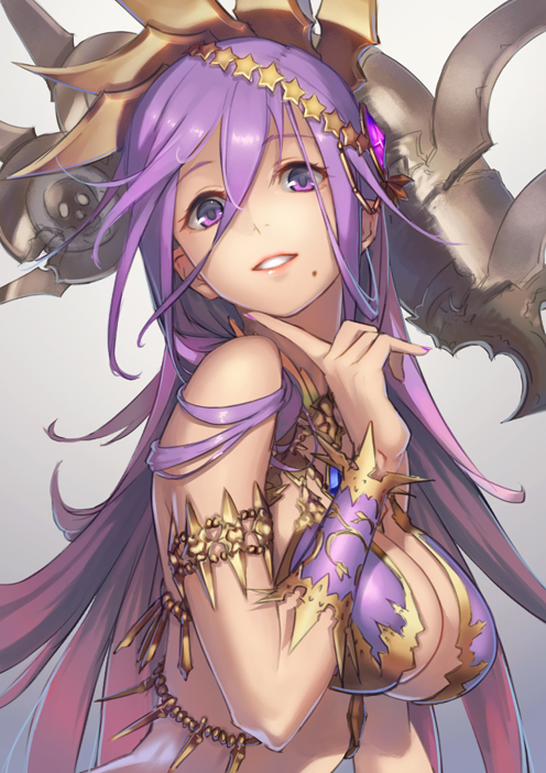 1girl, bikini_top, breasts, cleavage, dark_skin, finger_to_chin, grin, jewelry