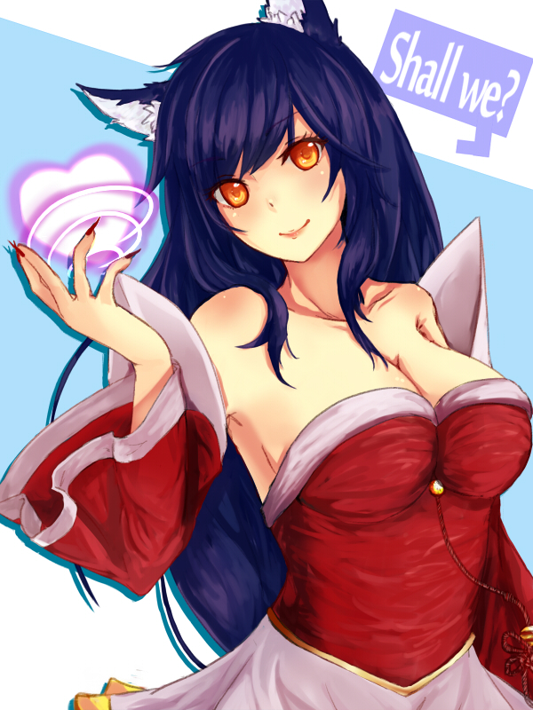 1girl, ahri, animal_ears, blue_hair, breasts, collarbone, detached_sleeves, energy_ball