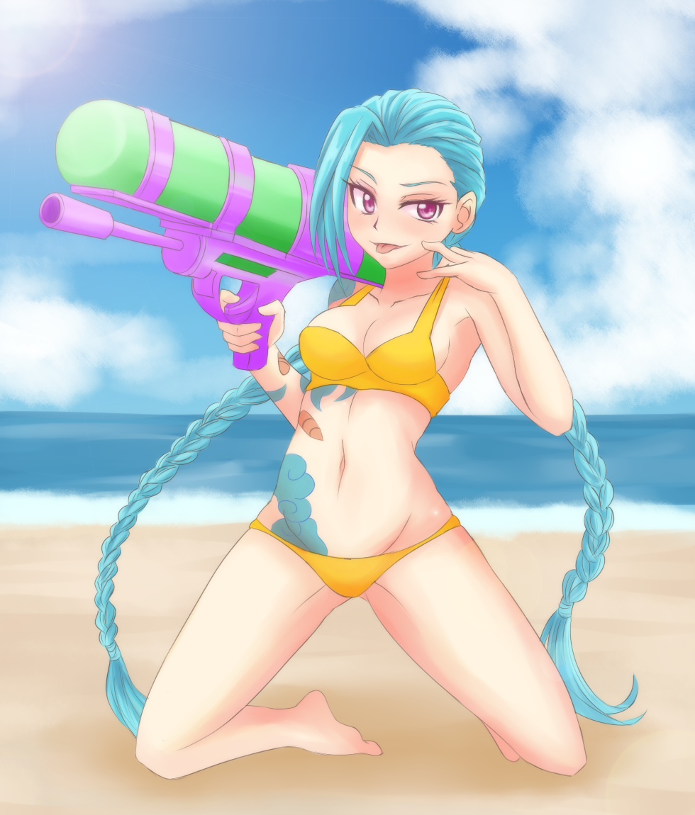 1girl, bare_shoulders, beach, bikini, blue_hair, braid, breasts, cleavage, jinx_(league_of_legends), kneeling, league_of_legends, long_hair, looking_at_viewer, midriff, navel, niiru_heiyaku_de_jutaichuu, ocean, open_mouth, pink_eyes, solo, swimsuit, tattoo, tongue, tongue_out, twin_braids, very_long_hair, water_gun