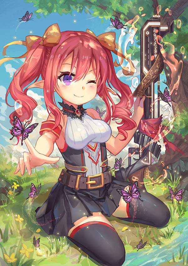 1girl, atdan, butterfly, curly_hair, drill_hair, grass, land_of_caromag, looking_at_viewer