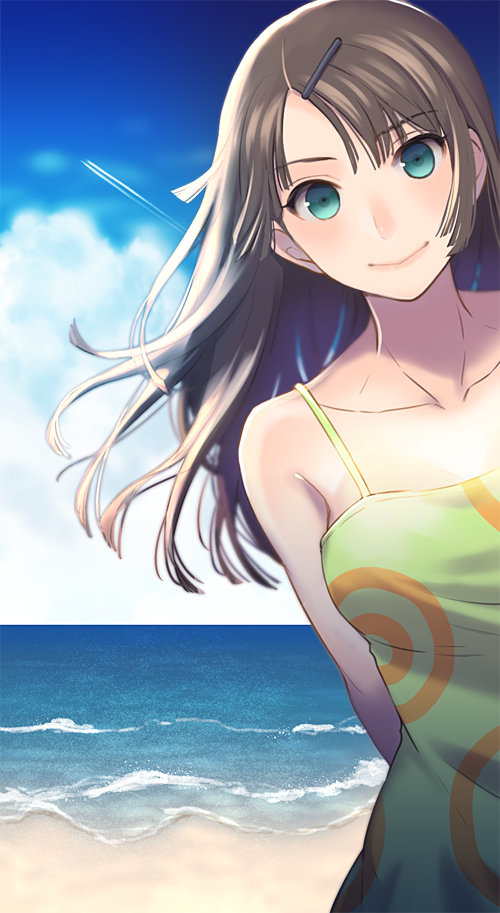 1girl, aqua_eyes, bare_shoulders, beach, brown_hair, collarbone, dress, hair_ornament