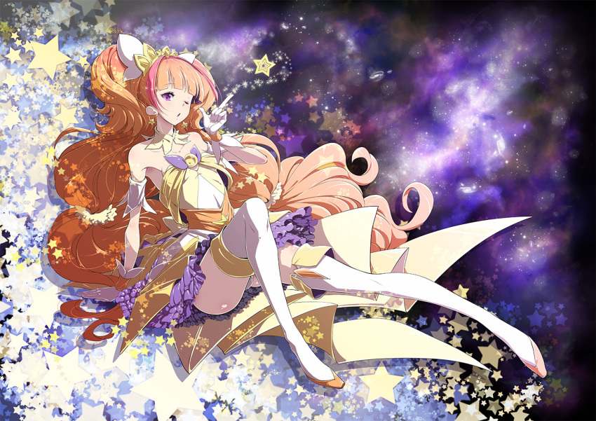 1girl, ;o, amanogawa_kirara, bare_shoulders, choker, cure_twinkle, earrings, female