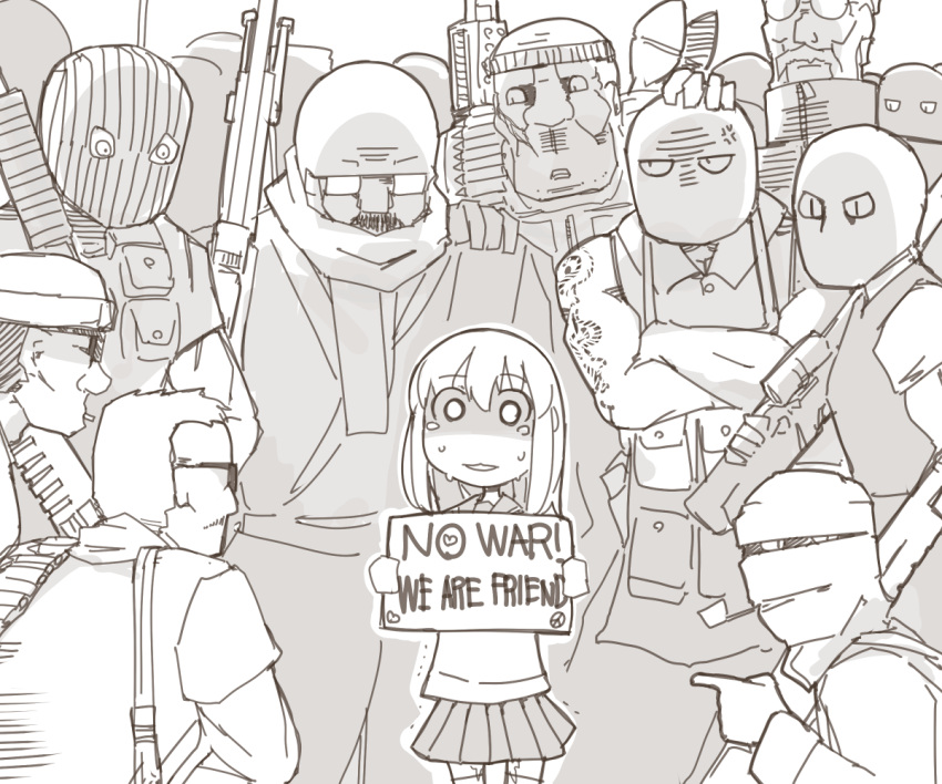 1girl, 6+boys, anger_vein, bangs, engrish, glasses, gun, heart