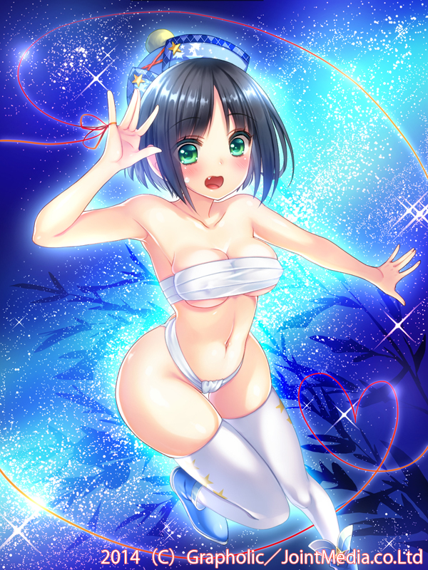 1girl, adapted_costume, aqua_eyes, bare_arms, bare_shoulders, black_hair, blue_background, breasts