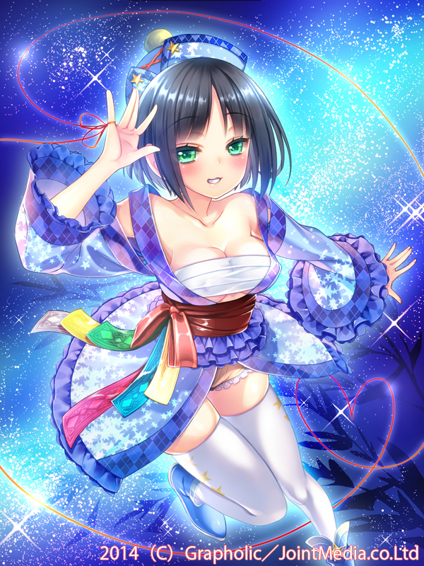 1girl, adapted_costume, aqua_eyes, bare_shoulders, black_hair, blue_background, blush, breasts