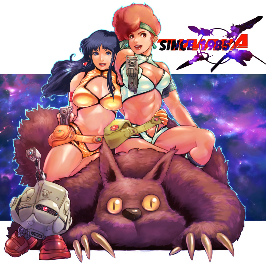 2girls, 80s, breasts, cleavage, cleavage_cutout, dirty_pair, gloves, headband, highres, kei_(dirty_pair), mughi, multiple_girls, oldschool, redhead, short_hair, vigwer, weapon, yuri_(dirty_pair)