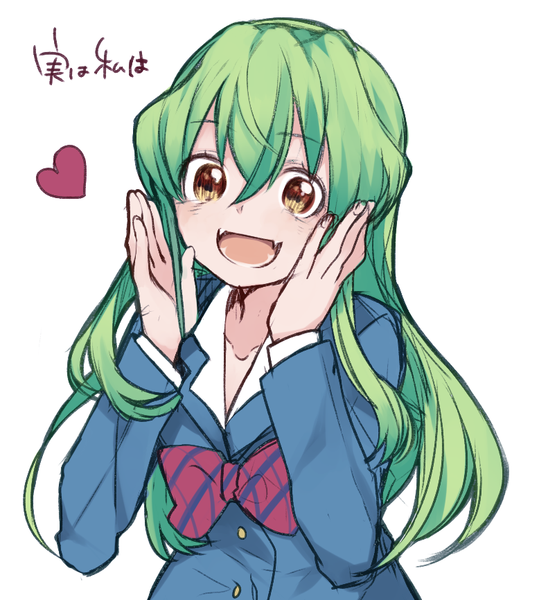 1girl, :d, bow, fangs, green_hair, heart, jitsu_wa_watashi_wa, long_hair