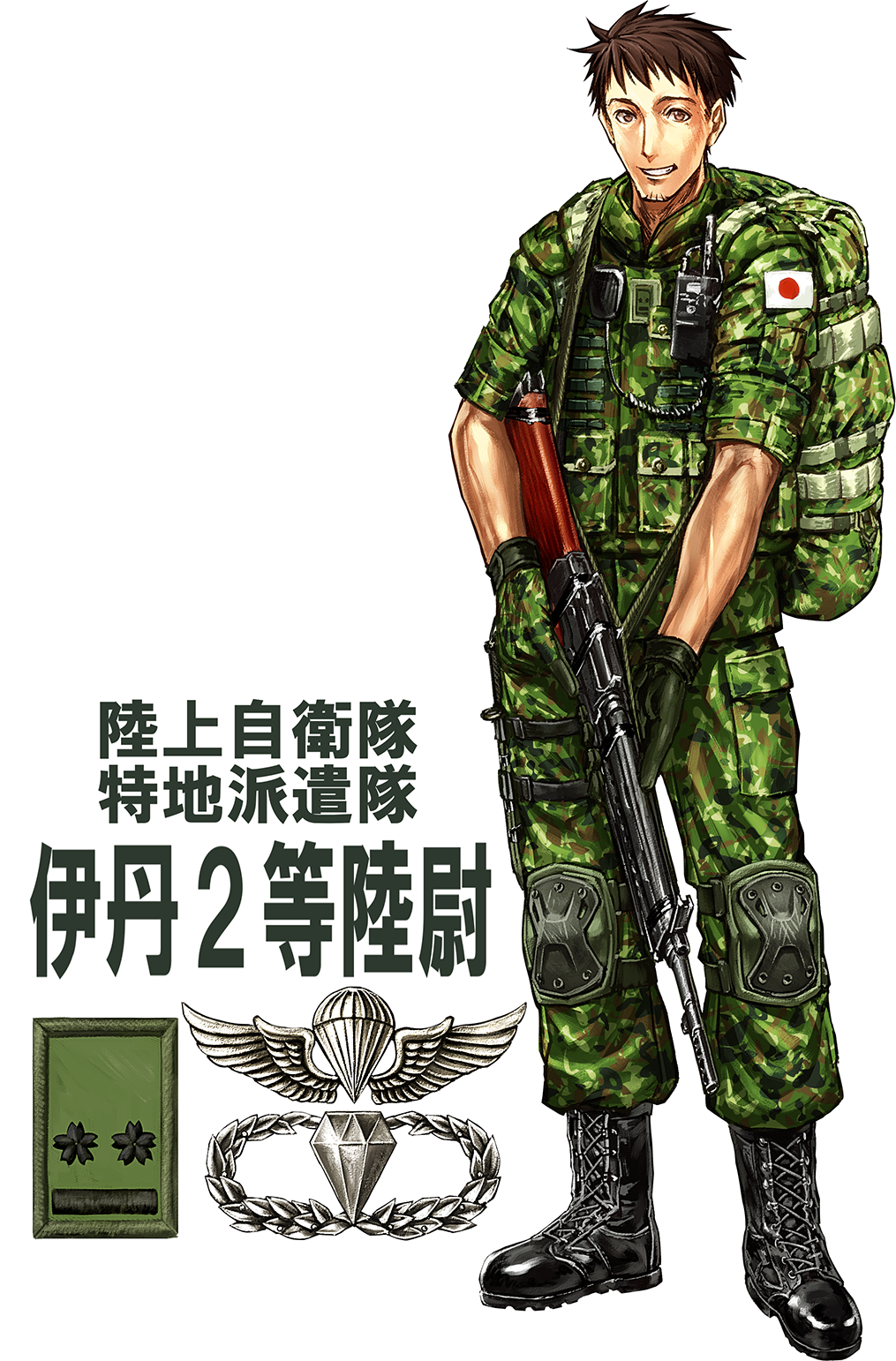 1boy, backpack, bag, battle_rifle, boots, brown_eyes, brown_hair, facial_hair