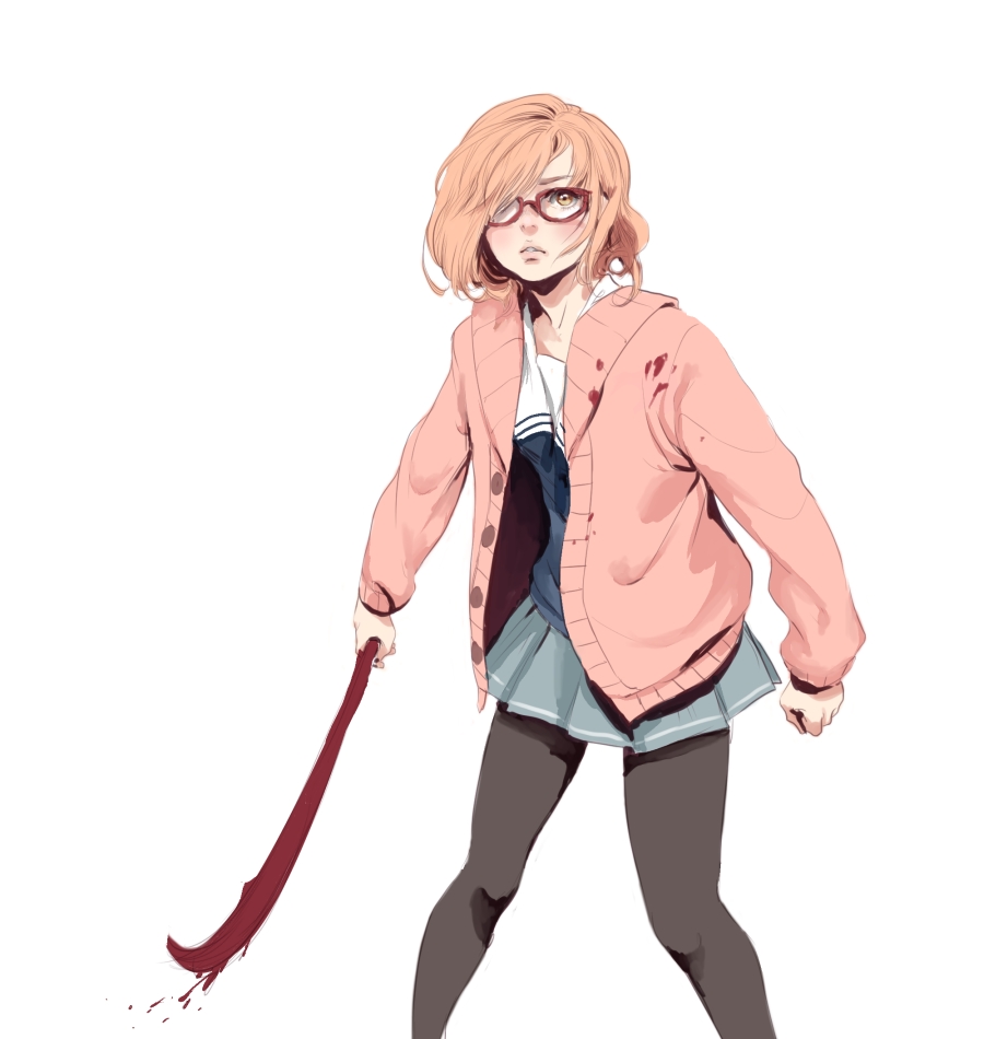 1girl, black_legwear, cardigan, glasses, hair_over_one_eye, jasmin_darnell, kuriyama_mirai, kyoukai_no_kanata