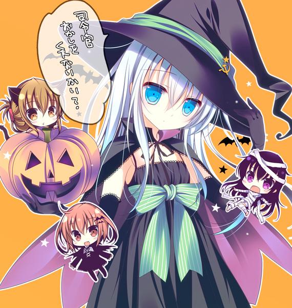 4girls, akatsuki_(kantai_collection), animal_ears, bat, blue_eyes, brown_eyes, brown_hair, cape