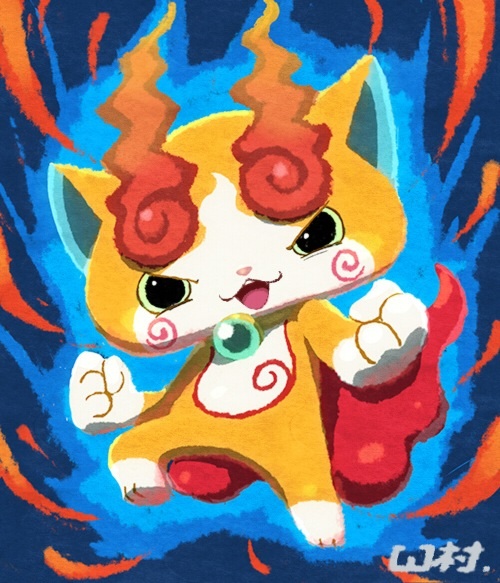 33333_33333, artist_name, blue_background, clenched_hands, jibakoma, no_humans, open_mouth, solo, youkai, youkai_watch, youkai_watch_2
