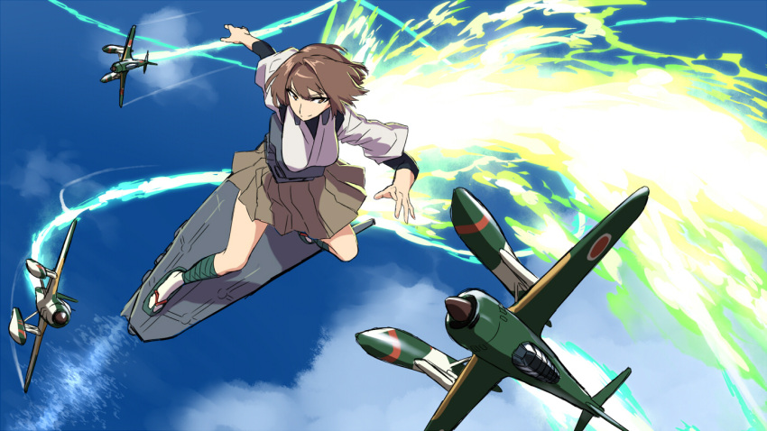 1girl, airplane, blew_andwhite, brown_eyes, brown_hair, clouds, condensation_trail, eureka_seven, eureka_seven_(series), flight_deck, flying, hyuuga_(kantai_collection), japanese_clothes, kantai_collection, nontraditional_miko, ocean, sandals, shirt, short_hair, skirt, sky, sky_surfing, skyboard, smile, solo, undershirt