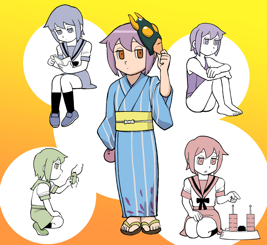barefoot, daichouhen_doraemon, doraemon, doraemon:_nobita_to_ryuu_no_kishi, fujiko_f_fujio_(style), japanese_clothes, kimono, mask, nagato_yuki, one-piece_swimsuit, parody, purple_hair, school_swimsuit, school_uniform, short_hair, style_parody, suzumiya_haruhi_no_yuuutsu, swimsuit, ueyama_michirou