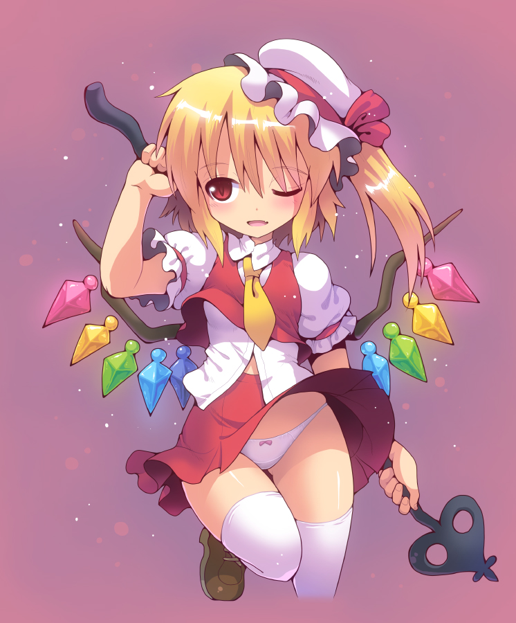 1girl, ;d, blonde_hair, blush, bow, bow_panties, collared_shirt, cropped_legs, fang, flandre_scarlet, kurogarasu, laevatein, mob_cap, necktie, one_eye_closed, open_mouth, panties, red_eyes, shirt, shoes, short_hair, skirt, skirt_lift, slit_pupils, smile, solo, thigh-highs, touhou, underwear, vest, white_legwear, white_panties, wind_lift, wings