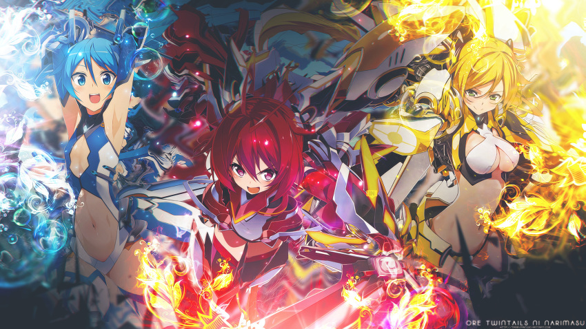 highres, long_hair, ore_twintail_ni_narimasu, redhead, tail_blue, tailred, tailyellow, twintails