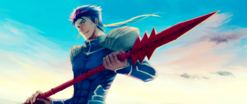 1boy, blue_hair, fate/stay_night, fate_(series), gae_bolg, lancer, polearm, ponytail, solo, sowaka, spear, weapon