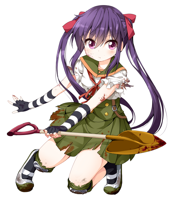 1girl, blood, blood_on_face, blood_on_fingers, bloody_clothes, bloody_weapon, ebisuzawa_kurumi, elbow_gloves