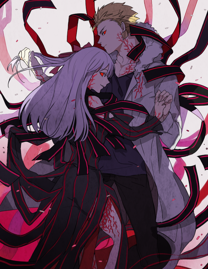 1boy, 1girl, blonde_hair, dark_sakura, fate/stay_night, fate_(series), gilgamesh, lancelot_(smalock), long_hair, matou_sakura, red_eyes, white_hair