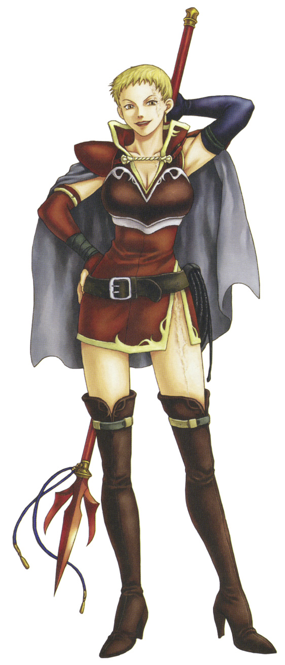 1girl, blonde_hair, boots, cape, earrings, fire_emblem, fire_emblem:_rekka_no_ken, gloves, highres, izuka_daisuke, jewelry, lance, polearm, scar, short_hair, solo, vaida, weapon, whip, white_background, yellow_eyes