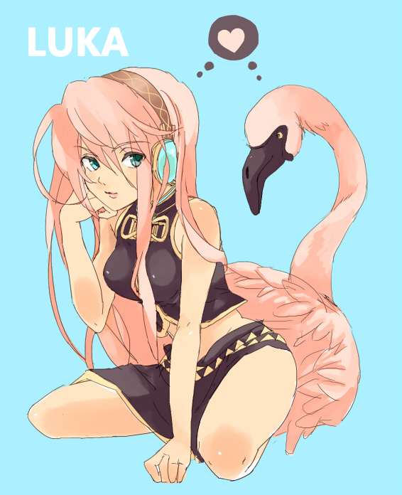 bad_id, bird, flamingo, heart, kneeling, long_hair, megurine_luka, midriff