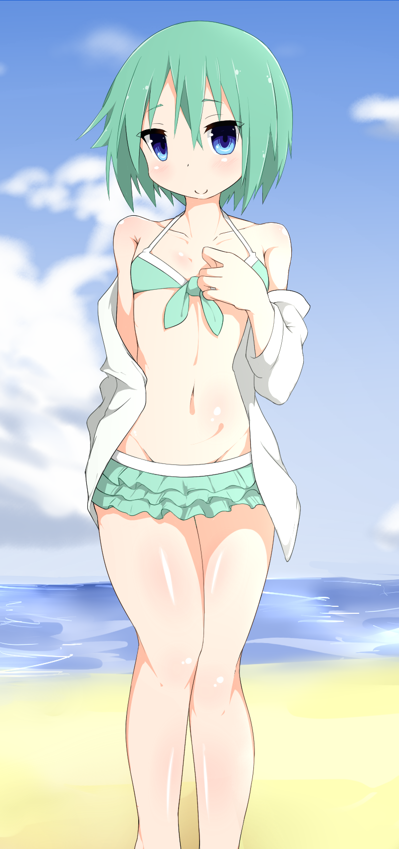 1girl, beach, bikini, blue_eyes, blush, frilled_bikini, frills, green_bikini