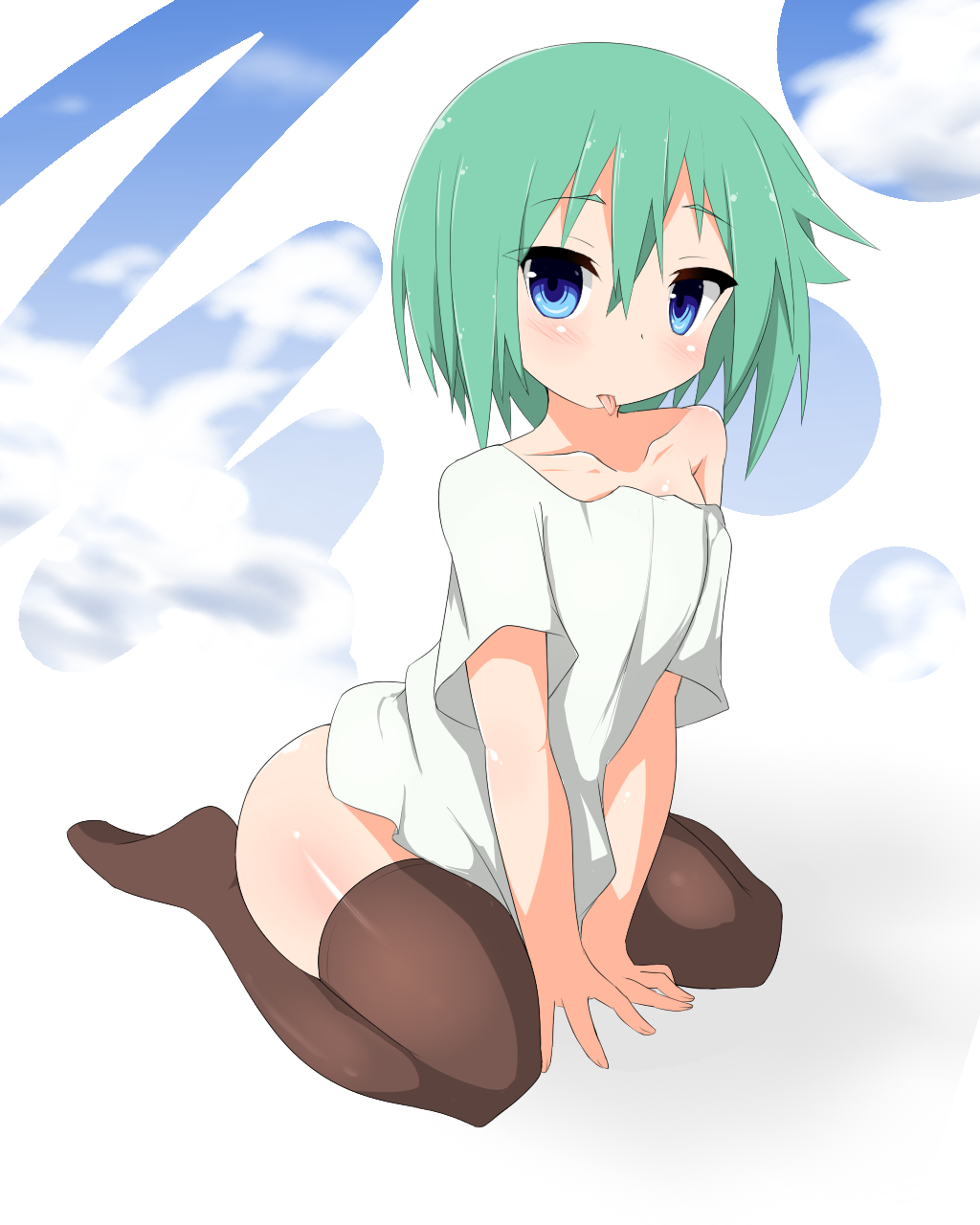 1girl, :p, bare_shoulders, blue_eyes, blush, brown_legwear, green_hair, highres