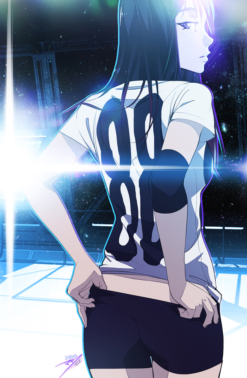 1girl, 88_(mike_nesbitt), adjusting_shorts, elbow_pads, from_behind, highres, lens_flare, long_hair
