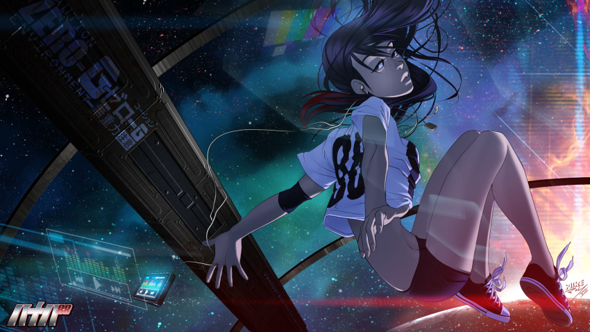 1girl, 88_(mike_nesbitt), black_hair, colorful, commentary, digital_media_player, dog_tags, earphones
