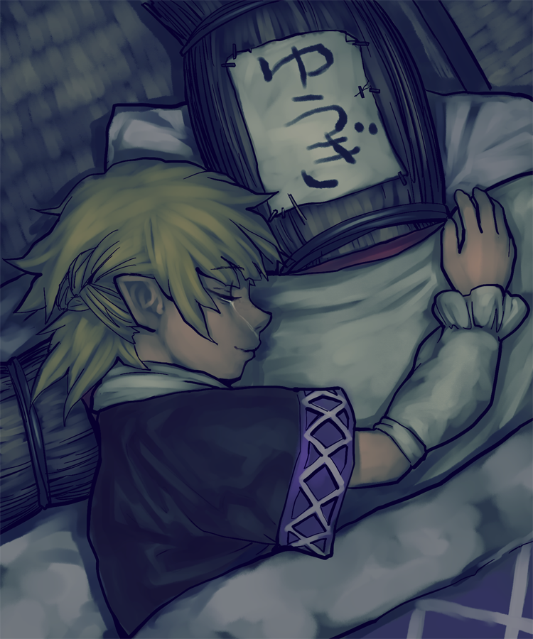 1girl, arm_warmers, blanket, blonde_hair, character_name, closed_eyes, dark, g_otto