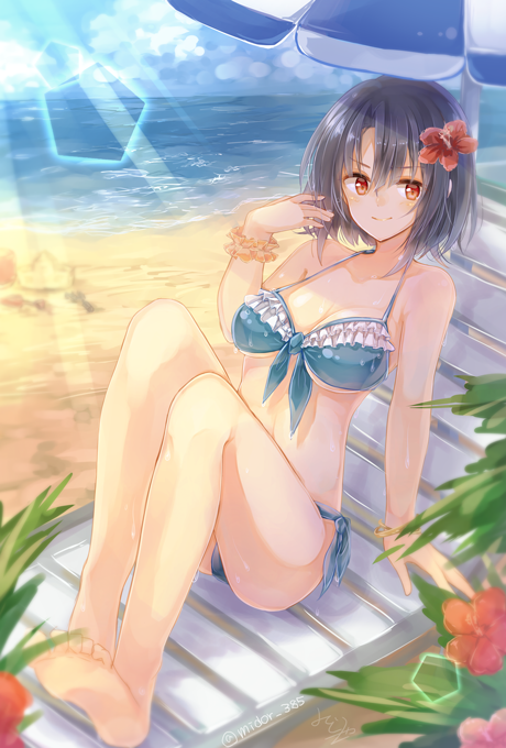 1girl, beach, bikini, black_hair, brown_eyes, kantai_collection, midori_miyako, short_hair