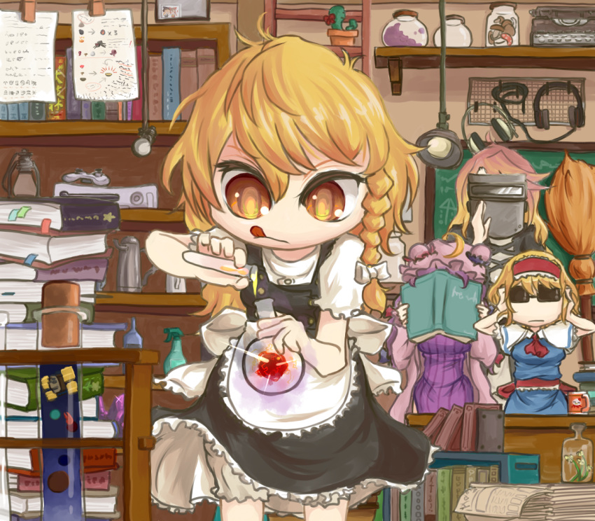 4girls, :q, alice_margatroid, awa_(bihidasu), blonde_hair, bloomers, book_stack, bookshelf, braid, broom, cactus, covering_face, crescent, dress, frilled_dress, frilled_hat, frilled_sleeves, frills, game_console, gradient_hair, hat, hat_removed, headband, headphones, headwear_removed, hijiri_byakuren, kirisame_marisa, lamp, lantern, long_hair, multicolored_hair, multiple_girls, patchouli_knowledge, pouring, pulverizer, short_sleeves, solo_focus, sunglasses, tagme, test_tube, tongue, tongue_out, touhou, two-tone_hair, typewriter, underwear, welding_mask, whiteboard, xbox_360, yellow_eyes