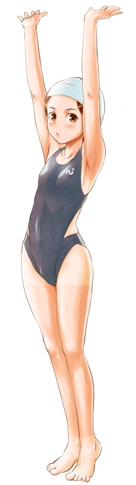 arms_up, bad_id, barefoot, blush, brown_eyes, brown_hair, competition_swimsuit, feet