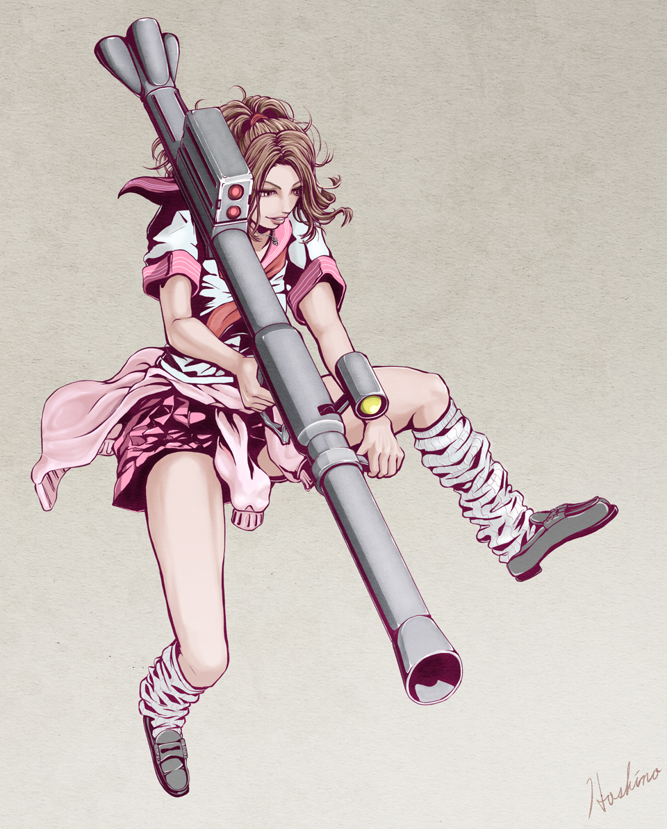 1girl, artist_name, brown_eyes, brown_hair, gundam, hoshino_tatsuya, lips, loose_socks