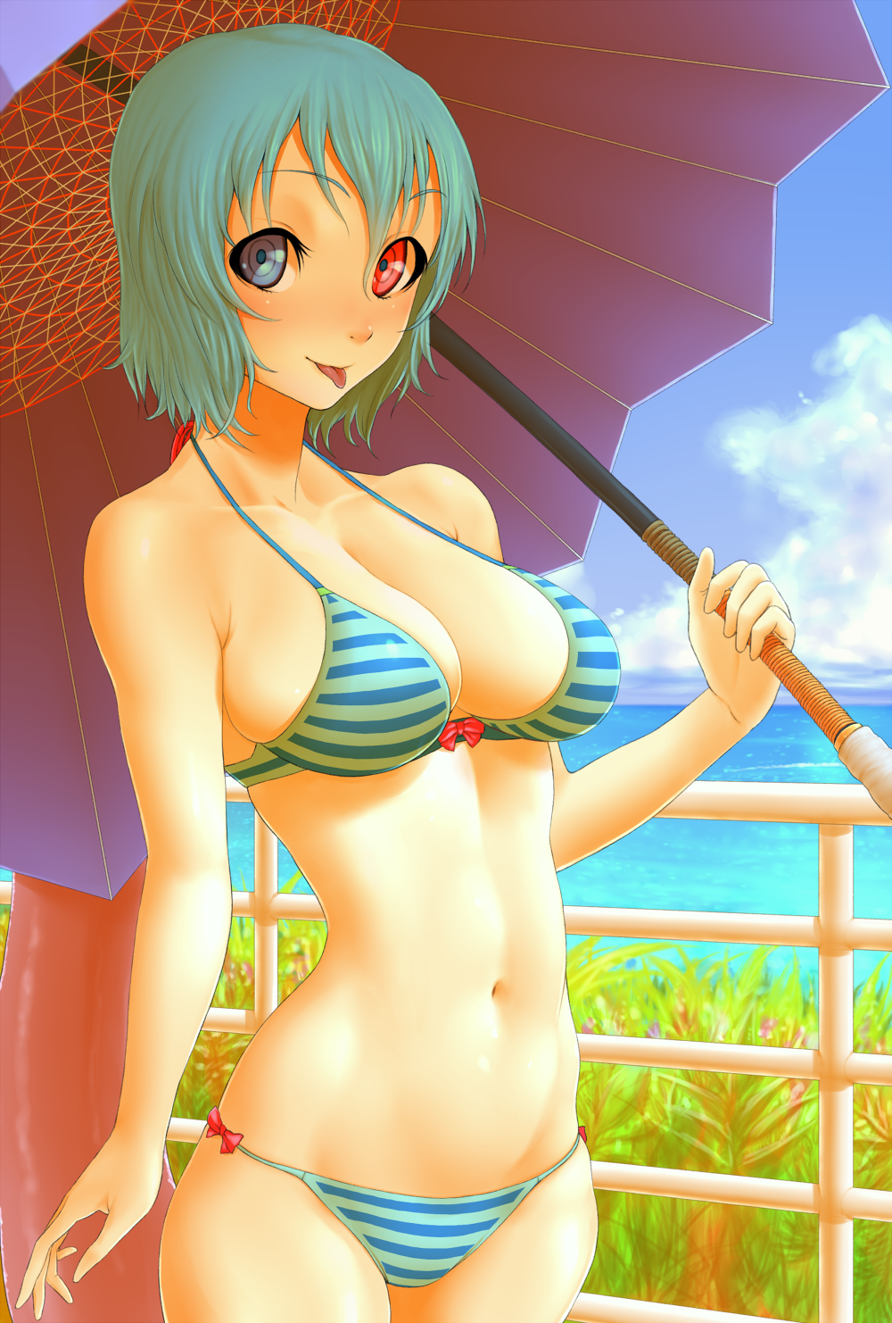 1girl, :p, bikini, blue_eyes, blue_hair, blush, breasts, cleavage