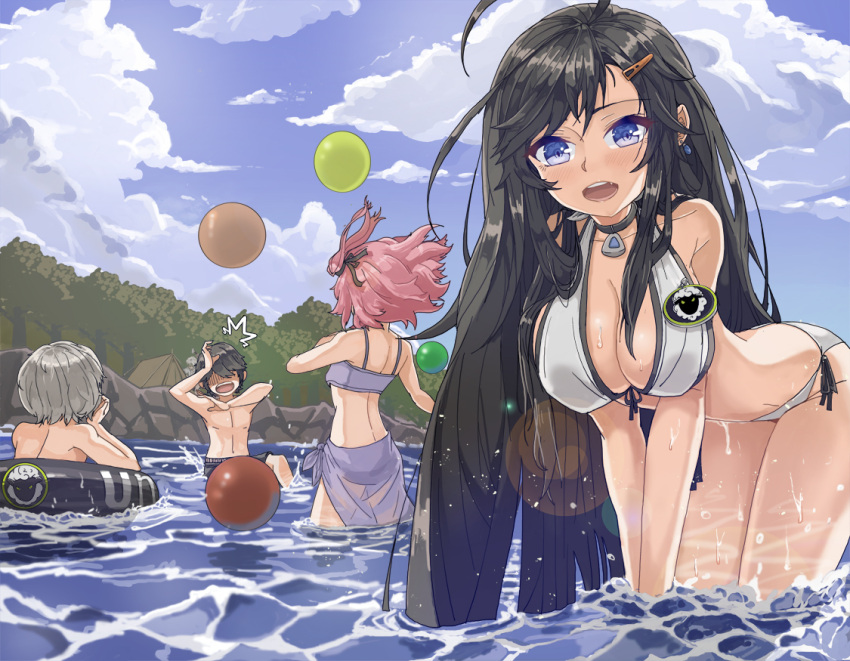2boys, 3girls, :d, bikini, black_hair, blue_eyes, breasts, closers