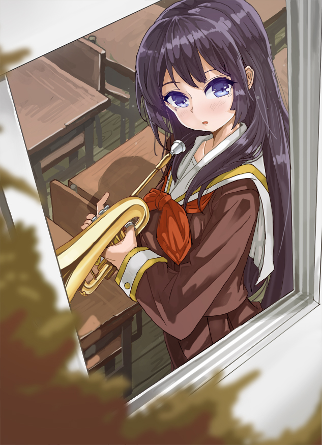 1girl, :o, black_hair, brown_hair, hibike!_euphonium, instrument, kousaka_reina, lhu_(barappra1)