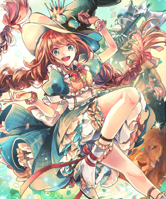 1girl, axe, ayano_(katou), blue_eyes, bow, braid, brown_hair, cowardly_lion